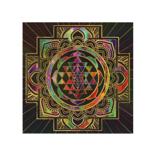 Colorful Gold framed Sri Yantra Sri Chakra Wood Wall Art