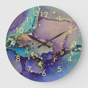 Colorful Gold Marbled Abstract Liquid Art Large Clock