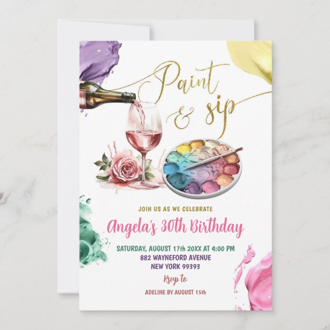 Colorful Gold Paint and Sip Adult Birthday Party Invitation