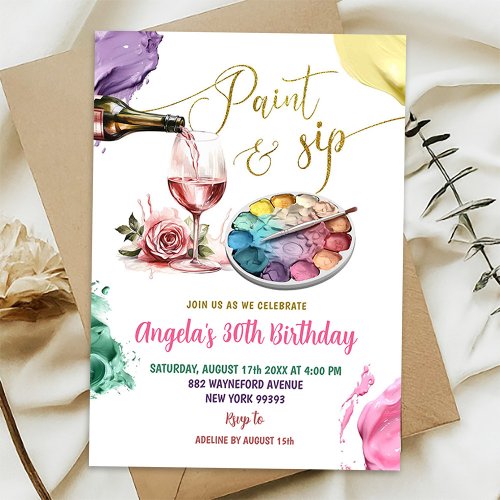 Colorful Gold Paint and Sip Adult Birthday Party Invitation