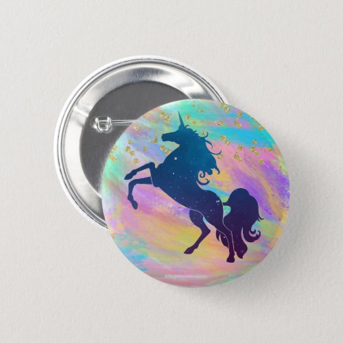 Colorful Gold Speckled Magical Galaxy Unicorn Button