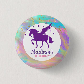 Colorful Gold Speckled Purple Unicorn Birthday Button