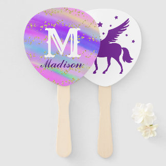 Colorful Gold Speckled Purple Unicorn Birthday Hand Fan