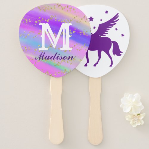 Colorful Gold Speckled Purple Unicorn Birthday Hand Fan