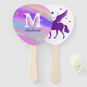 Colorful Gold Speckled Purple Unicorn Birthday Hand Fan