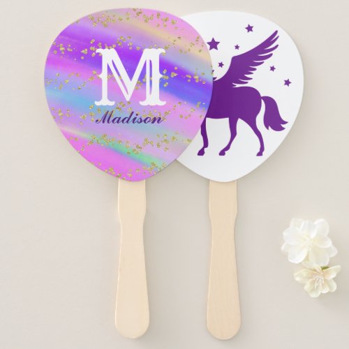 Colorful Gold Speckled Purple Unicorn Birthday Hand Fan