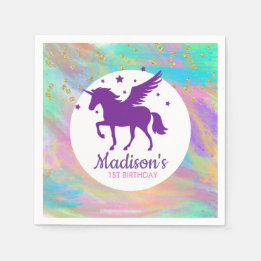 Colorful Gold Speckled Purple Unicorn Birthday Napkins