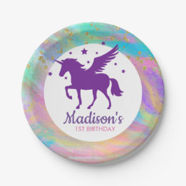 Colorful Gold Speckled Purple Unicorn Birthday Paper Plates