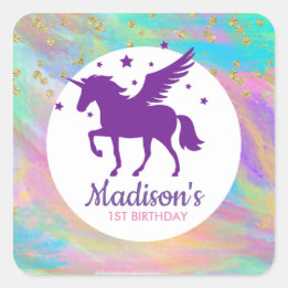 Colorful Gold Speckled Purple Unicorn Birthday Square Sticker