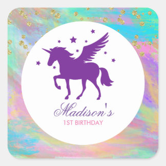 Colorful Gold Speckled Purple Unicorn Birthday Square Sticker