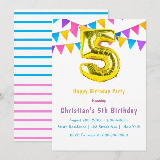 Colorful Golden 5th Birthday Invitations (Front/Back)