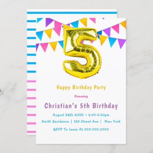 Colorful Golden 5th Birthday Invitations