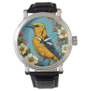 Colorful Golden oriole Bird Amid Blooming Flowers Watch