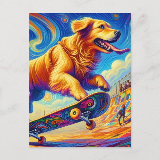 Colorful Golden Retriever Skateboarding  Postcard (Front)