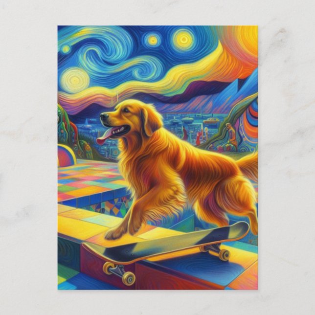 Colorful Golden Retriever Skateboarding Van Gogh Postcard (Front)