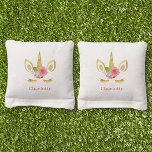 Colorful Golden Unicorn Pink Personalized Name Cornhole Bags