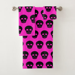 Colorful Goth Black Hot Pink Skull Pattern Bright Bath Towel Set