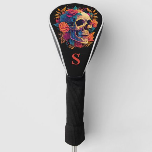 Colorful Gothic Rose Sugar Skull Monogram Golf Head Cover