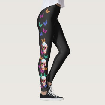 Colorful Gothic Sugar Skull With Butterflies Leggings by customthreadz at Zazzle