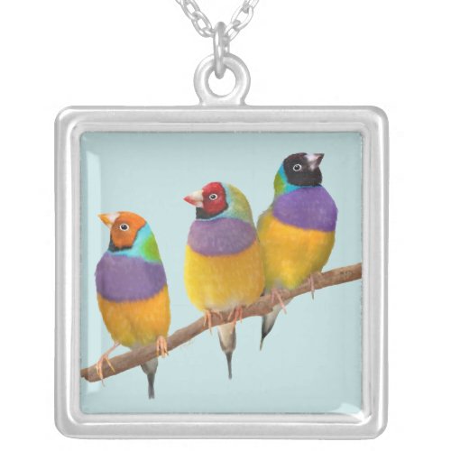 Colorful Gouldian Finches in Pastels Silver Plated Necklace