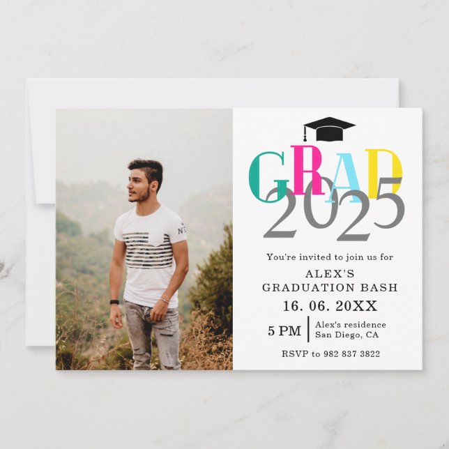 Colorful GRAD 2025 Photo Graduation Party Invite (Front)