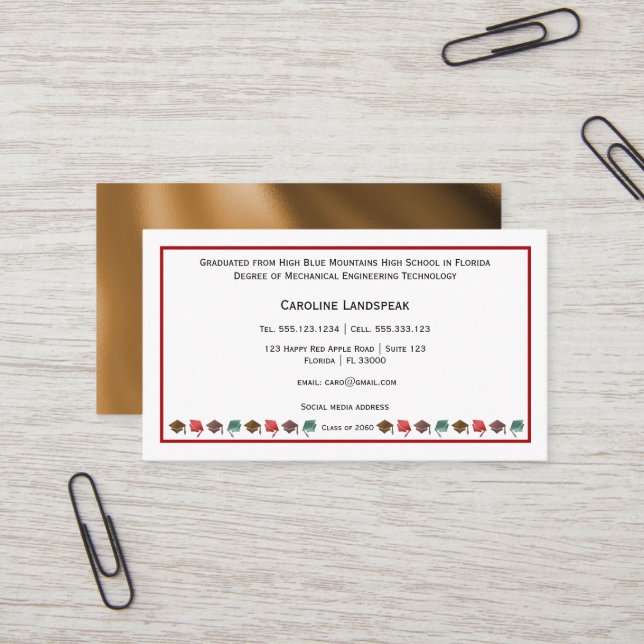 Colorful Graduate Caps Red & White Professional Business Card (Front/Back In Situ)