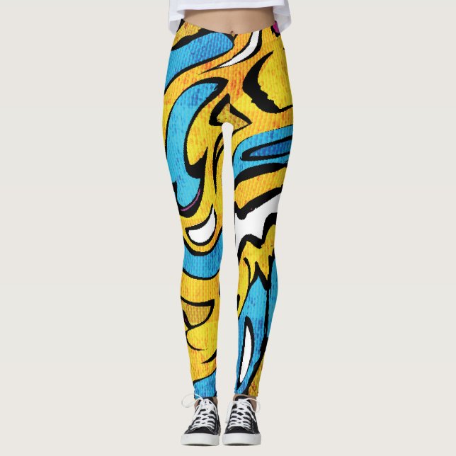 Colorful Graffiti Abstract Black Background Leggings (Front)
