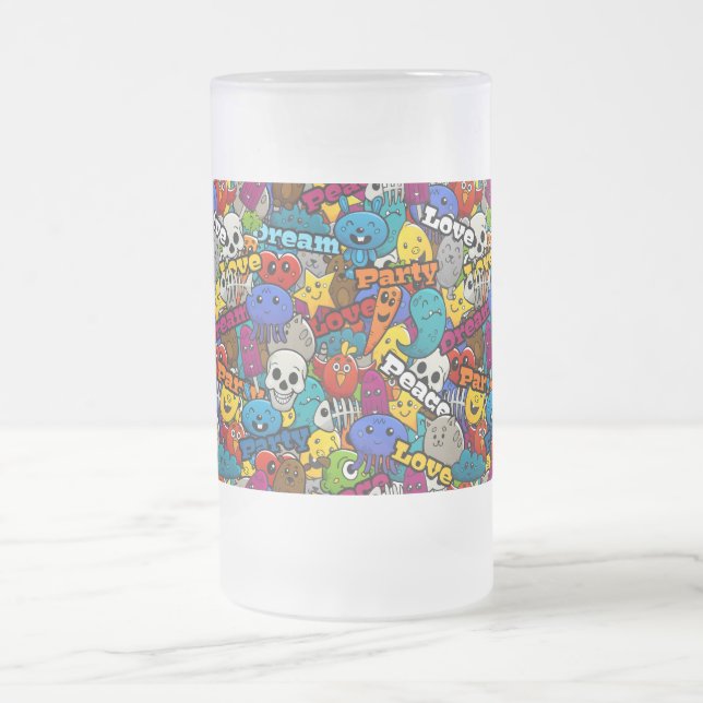 Colorful Graffiti Characters Pattern Frosted Glass Beer Mug (Center)