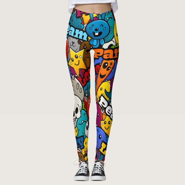 Colorful Graffiti Characters Pattern Leggings (Front)