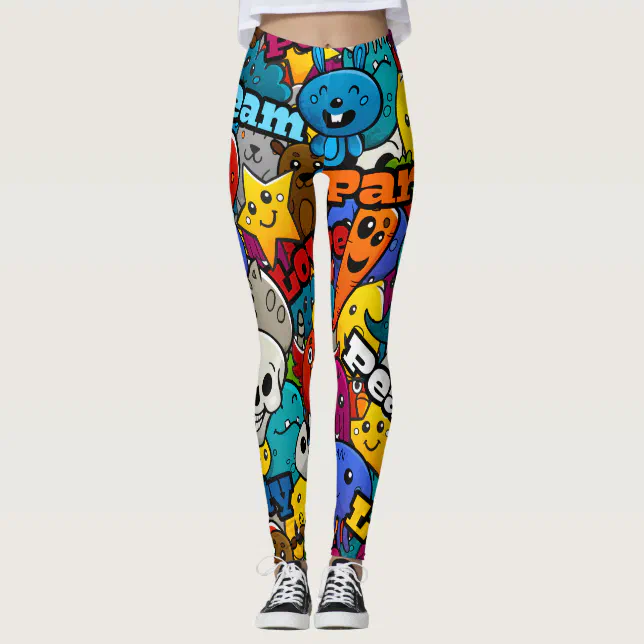 Colorful Graffiti Characters Pattern Leggings Zazzle