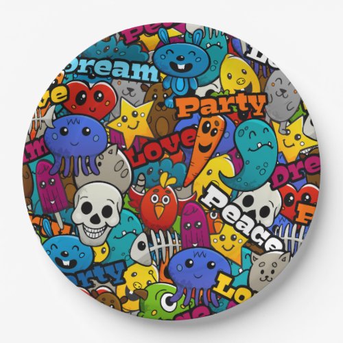 Colorful Graffiti Characters Pattern Paper Plates