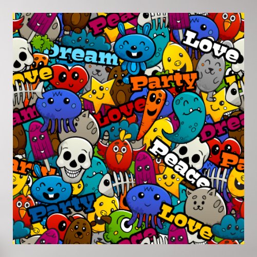 Colorful Graffiti Characters Pattern Poster