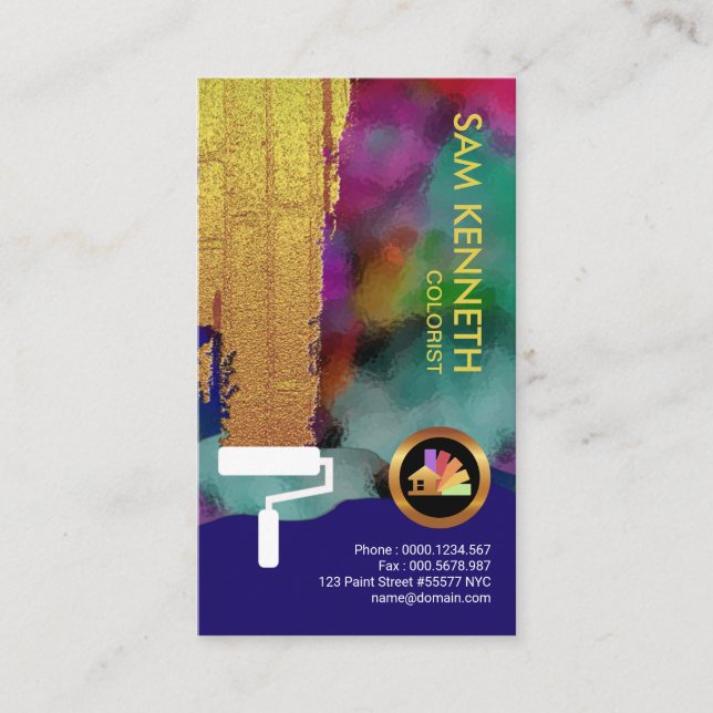 Colorful Graffiti Grunge Wall Gold Paint Roller Business Card (Front)