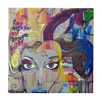 Colorful Graffiti Of Woman With Tags Tile by Zr_Desings at Zazzle