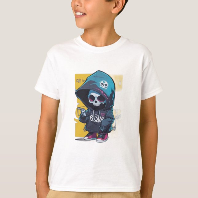 Colorful Graffiti Style Chibi Skull in Hood T-Shirt (Front)