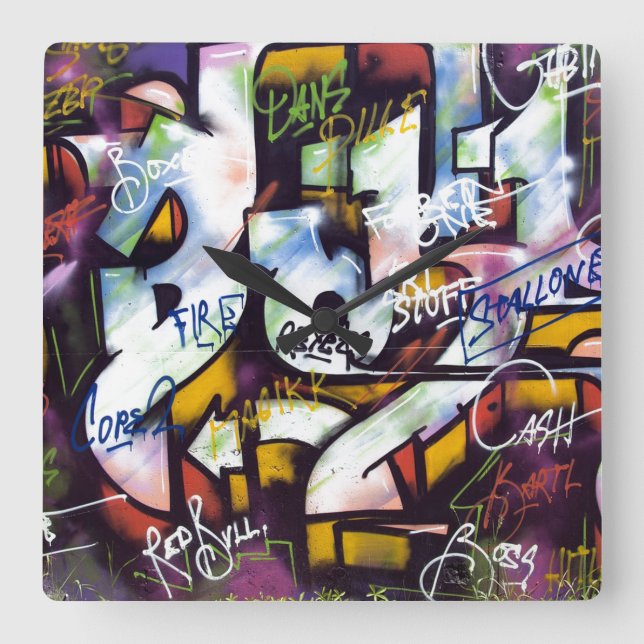 Colorful Graffiti Words Square Wall Clock (Front)