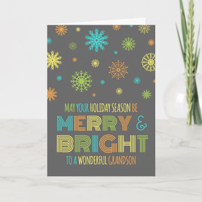 Colorful Grandson Merry & Bright Christmas Card (Front)
