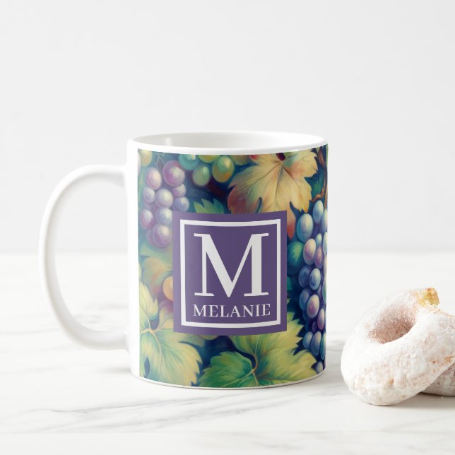 Colorful Grape Pattern Monogram and Name Coffee Mug (With Donut)