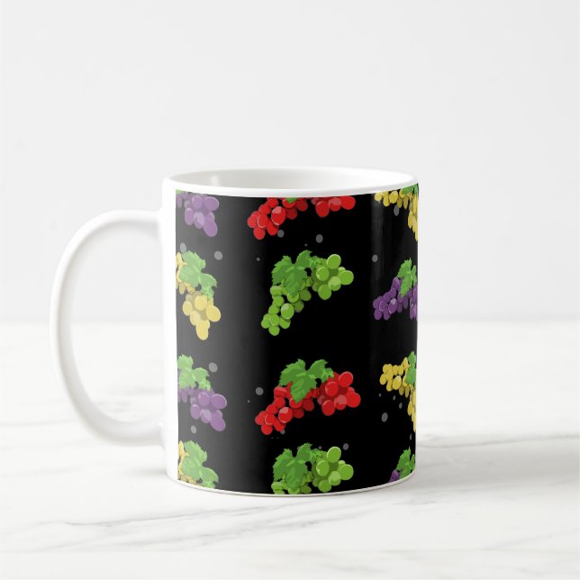 Colorful Grape Pattern on Black Background  Coffee Mug (Left)