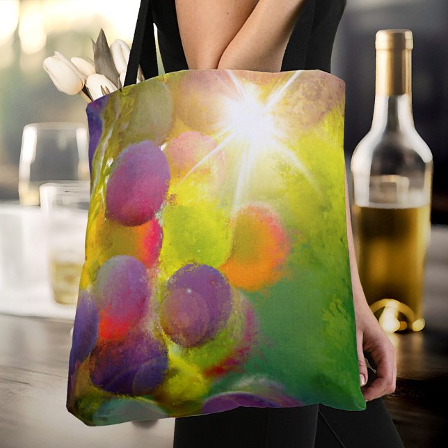 Colorful Grapes Wine Lovers Tote Bag (A modern designer bag featuring a colorful painting of grapes in the sun)