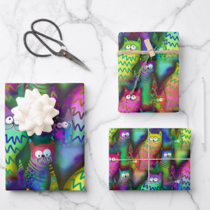 Colorful Graphic Art Cats with Grins 3 Gift Wrapping Paper Sheets