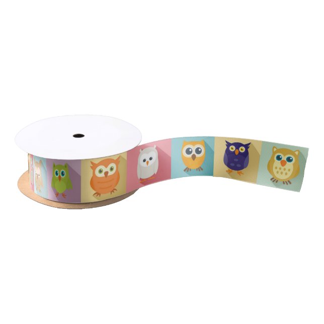 Colorful Graphic Owls Satin Ribbon (Spool)