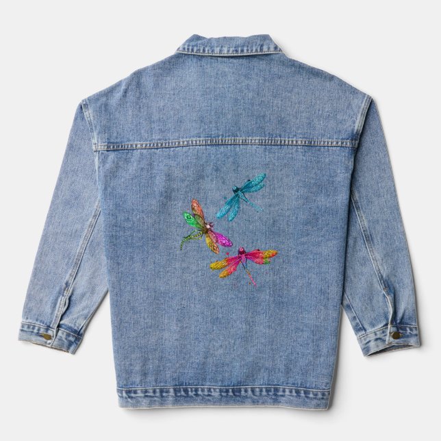Colorful Graphic Pattern Dragonfly Funny Flying Denim Jacket (Back)