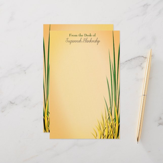 Colorful Grass Border Custom Name Stationery (Front/Back In Situ)
