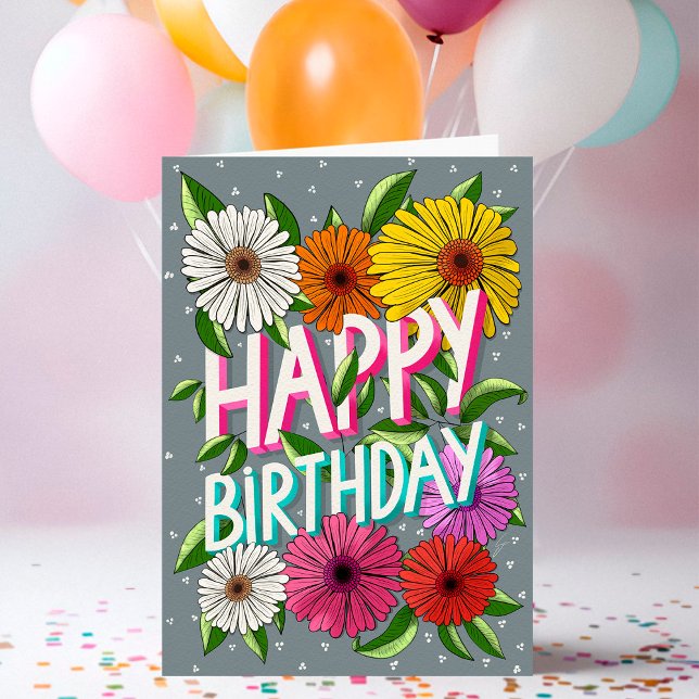 Colorful Gray Floral Personalized Happy Birthday Card (Creator Uploaded)
