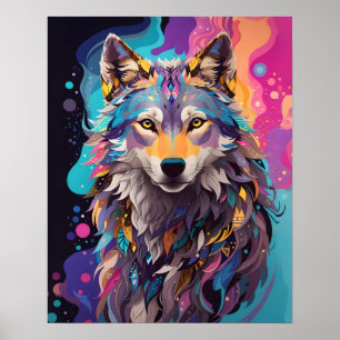 Colorful Gray Wolf Neon Colors Poster