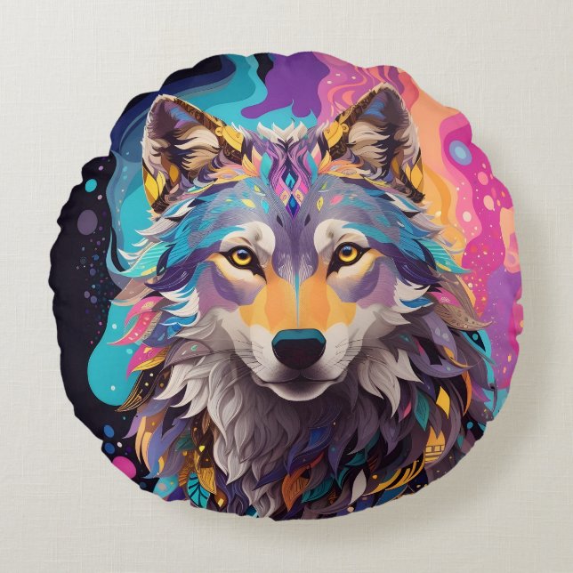 Colorful Gray Wolf Neon Colors Round Pillow (Front)