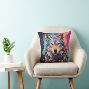 Colorful Gray Wolf Neon Colors Throw Pillow