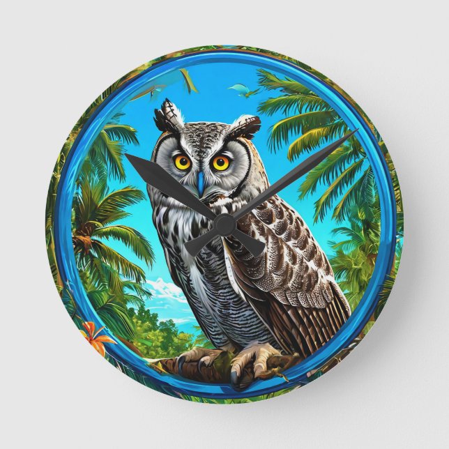 Colorful Great grey owl Bird Round Clock (Front)