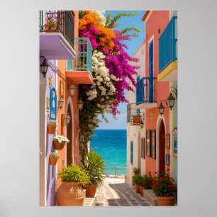 Colorful Greek Coastal Village Bougainvillea Wall Poster